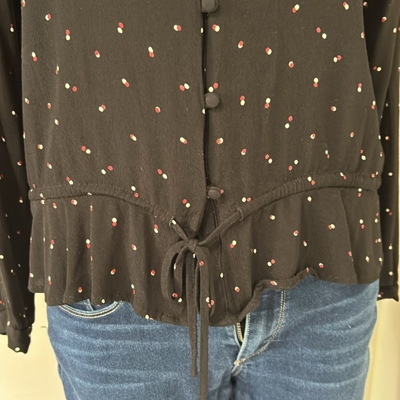 RAILS Top Beaux Black Off Set Dot Button Front Blouse Long Sleeve Ruffle Sz L - Picture 4 of 14
